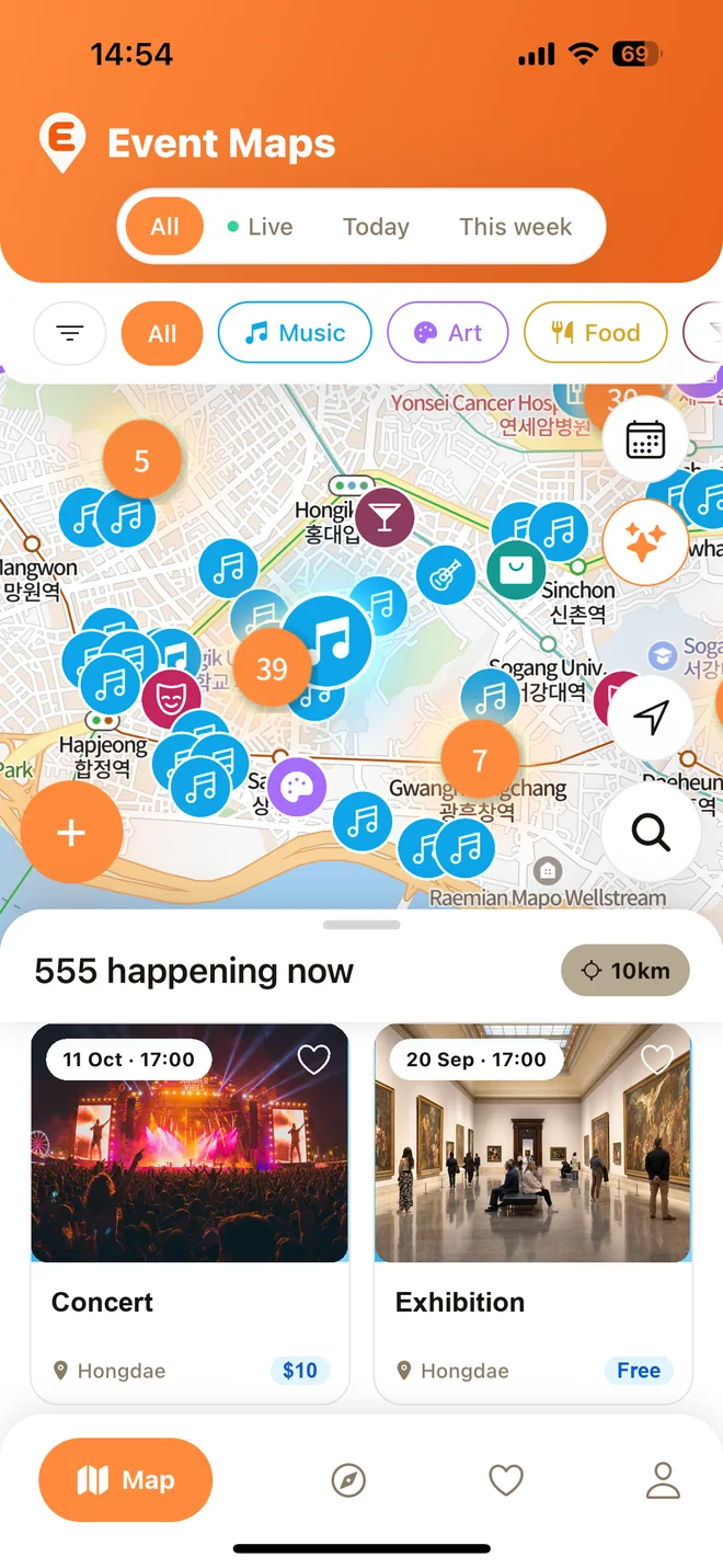 L’app Event Maps autour de Hongdae : les events sur la carte et la liste de ce qui se passe à côté